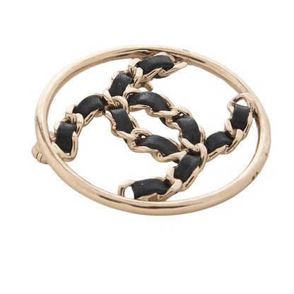 CHANEL Circle Coco B19P Brooch GP x  Leather Black x  Gold-Tone Hardware, Pre-Owned