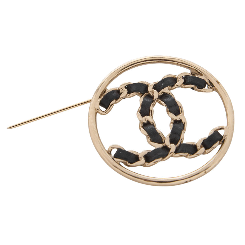 CHANEL Circle Coco B19P Brooch GP x  Leather Black x  Gold-Tone Hardware, Pre-Owned