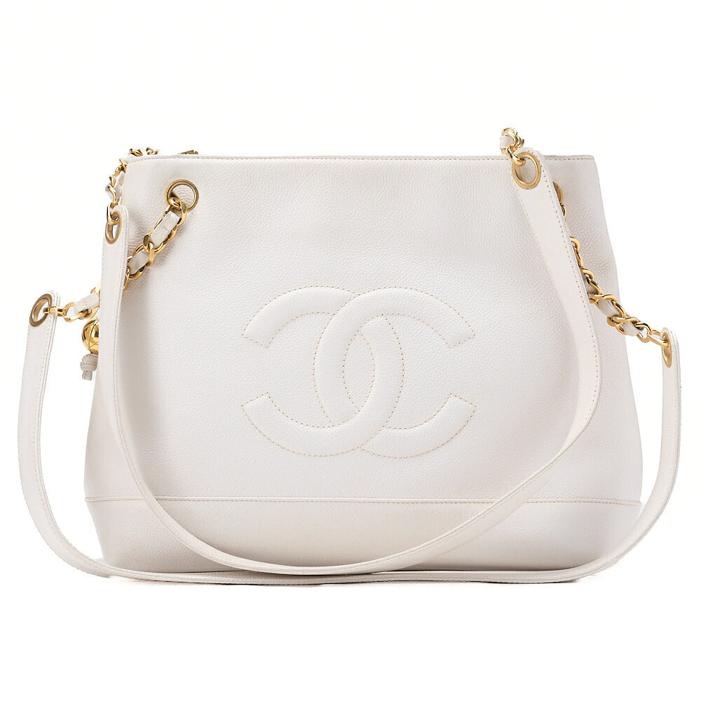CHANEL Chanel Big Coco Mark Double Chain Shoulder with Ball Charm Caviar Skin White Gold-Tone Hardware, Pre-Owned