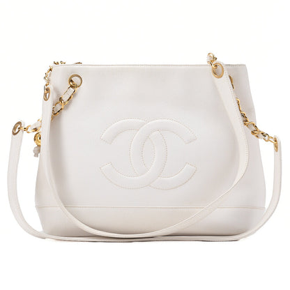 CHANEL Chanel Big Coco Mark Double Chain Shoulder with Ball Charm Caviar Skin White Gold-Tone Hardware, Pre-Owned