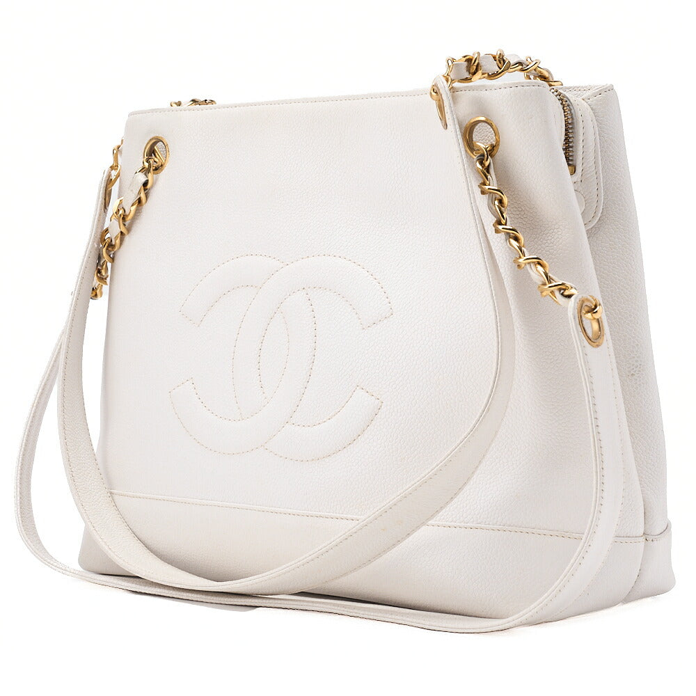 CHANEL Chanel Big Coco Mark Double Chain Shoulder with Ball Charm Caviar Skin White Gold-Tone Hardware, Pre-Owned