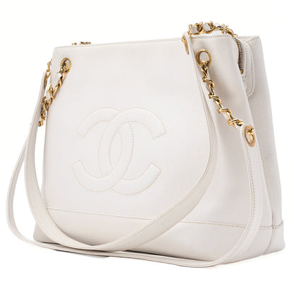 CHANEL Chanel Big Coco Mark Double Chain Shoulder with Ball Charm Caviar Skin White Gold-Tone Hardware, Pre-Owned