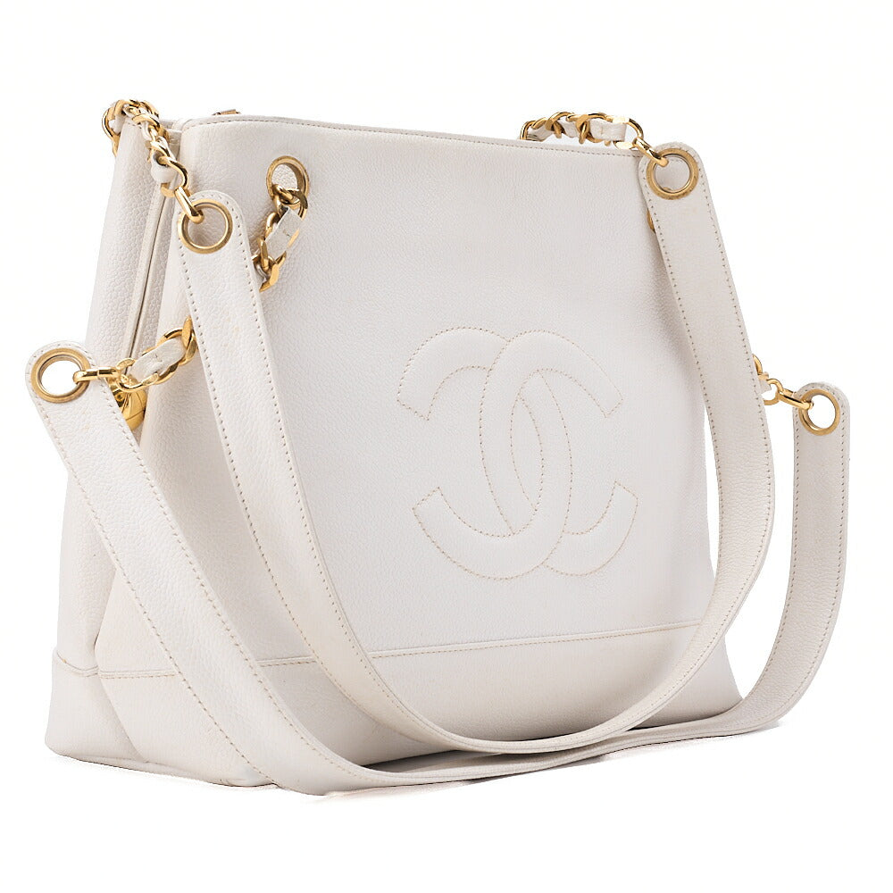 CHANEL Chanel Big Coco Mark Double Chain Shoulder with Ball Charm Caviar Skin White Gold-Tone Hardware, Pre-Owned
