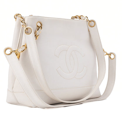 CHANEL Chanel Big Coco Mark Double Chain Shoulder with Ball Charm Caviar Skin White Gold-Tone Hardware, Pre-Owned