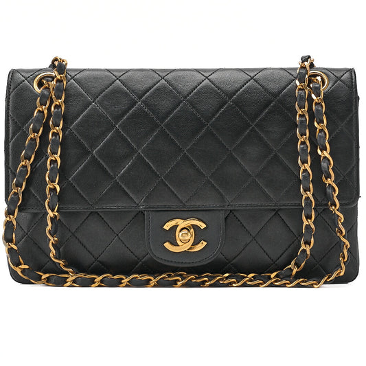 CHANEL Lambskin Matelasse W Straight Flap 25cm Chain Shoulder Black Gold-Tone Hardware, Pre-Owned
