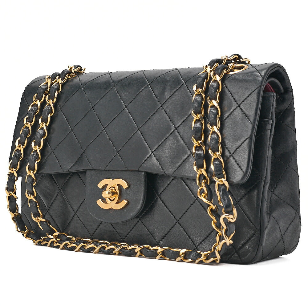 CHANEL Matelasse Double Flap 23cm Chain Shoulder Lambskin Black Gold-Tone Hardware, Pre-Owned