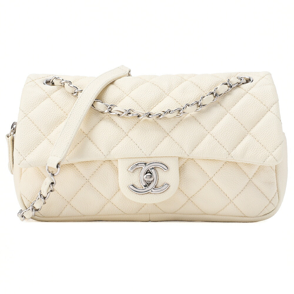 CHANEL Caviar Skin Matelasse 25cm Single Flap Chain Shoulder Ivory Silver-Tone Hardware, Pre-Owned