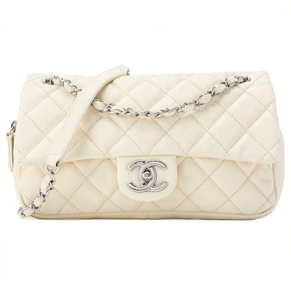 CHANEL Caviar Skin Matelasse 25cm Single Flap Chain Shoulder Ivory Silver-Tone Hardware, Pre-Owned
