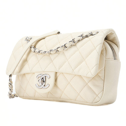 CHANEL Caviar Skin Matelasse 25cm Single Flap Chain Shoulder Ivory Silver-Tone Hardware, Pre-Owned