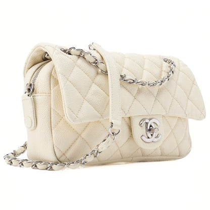 CHANEL Caviar Skin Matelasse 25cm Single Flap Chain Shoulder Ivory Silver-Tone Hardware, Pre-Owned