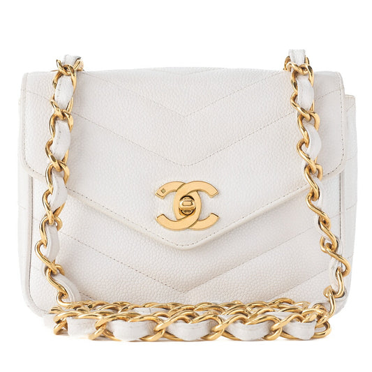 CHANEL Chain Shoulder Bag Mini Matelasse Caviar Skin Chevron White Gold-Tone Hardware, Pre-Owned