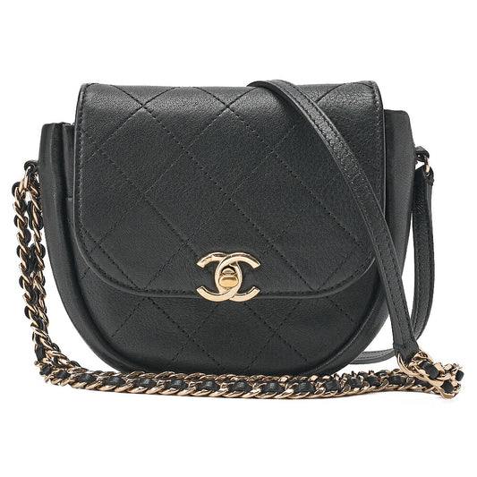 CHANEL Lambskin Mini Matelasse Round Chain Shoulder Black Gold-Tone Hardware, Pre-Owned