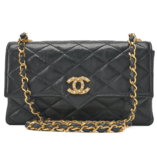 CHANEL Chain Shoulder Bag Matelasse Lambskin Rhinestone Push Lock Black Gold-Tone Hardware, Pre-Owned