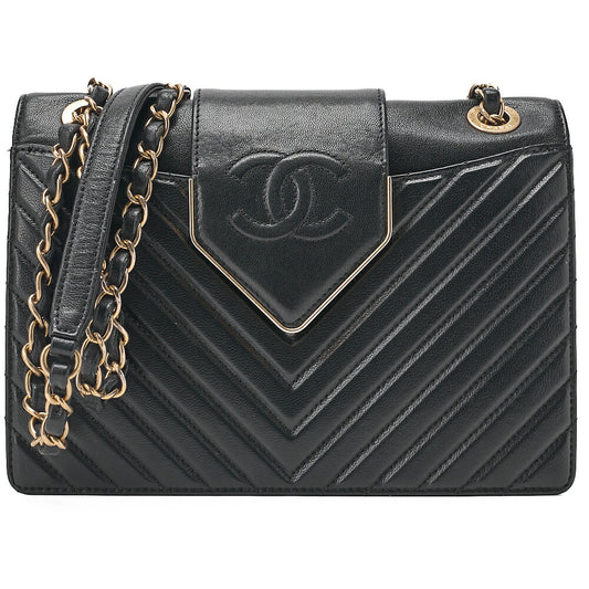 CHANEL Lambskin Chevron Full Flap Chain Shoulder Black Gold-Tone Hardware, Pre-Owned