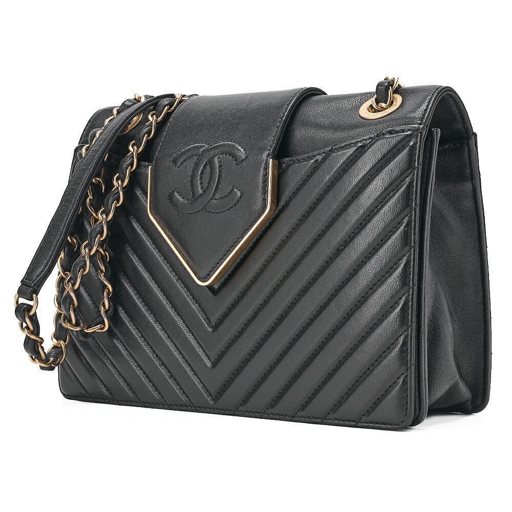 CHANEL Lambskin Chevron Full Flap Chain Shoulder Black Gold-Tone Hardware, Pre-Owned