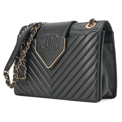 CHANEL Lambskin Chevron Full Flap Chain Shoulder Black Gold-Tone Hardware, Pre-Owned