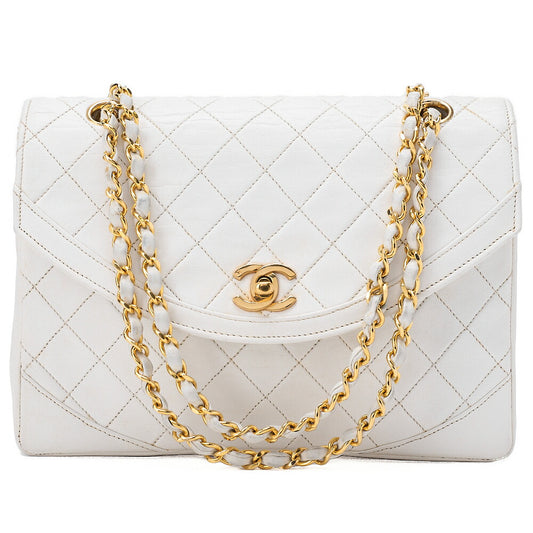 CHANEL Lambskin Matelasse Round Design Flap Chain Shoulder White Gold-Tone Hardware, Pre-Owned