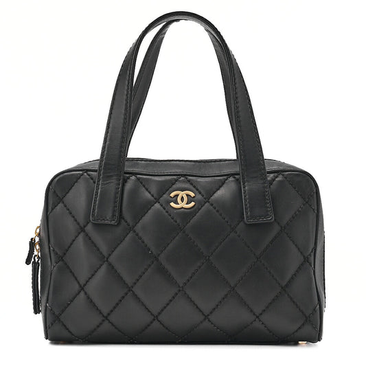 CHANEL Coco Mark Wild Stitch Handbag Calfskin Black Gold-Tone Hardware, Pre-Owned