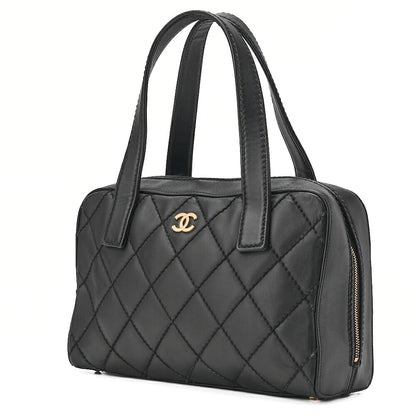 CHANEL Coco Mark Wild Stitch Handbag Calfskin Black Gold-Tone Hardware, Pre-Owned