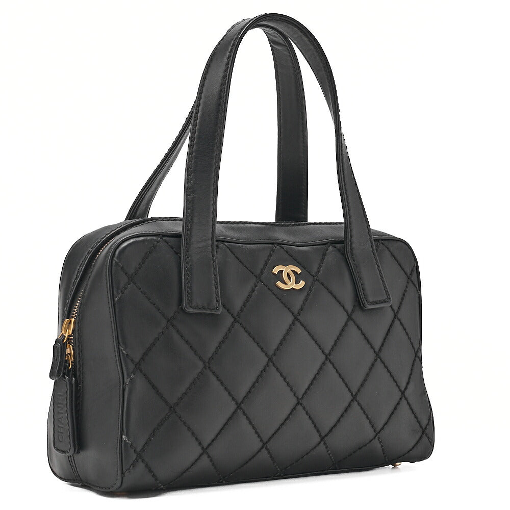 CHANEL Coco Mark Wild Stitch Handbag Calfskin Black Gold-Tone Hardware, Pre-Owned