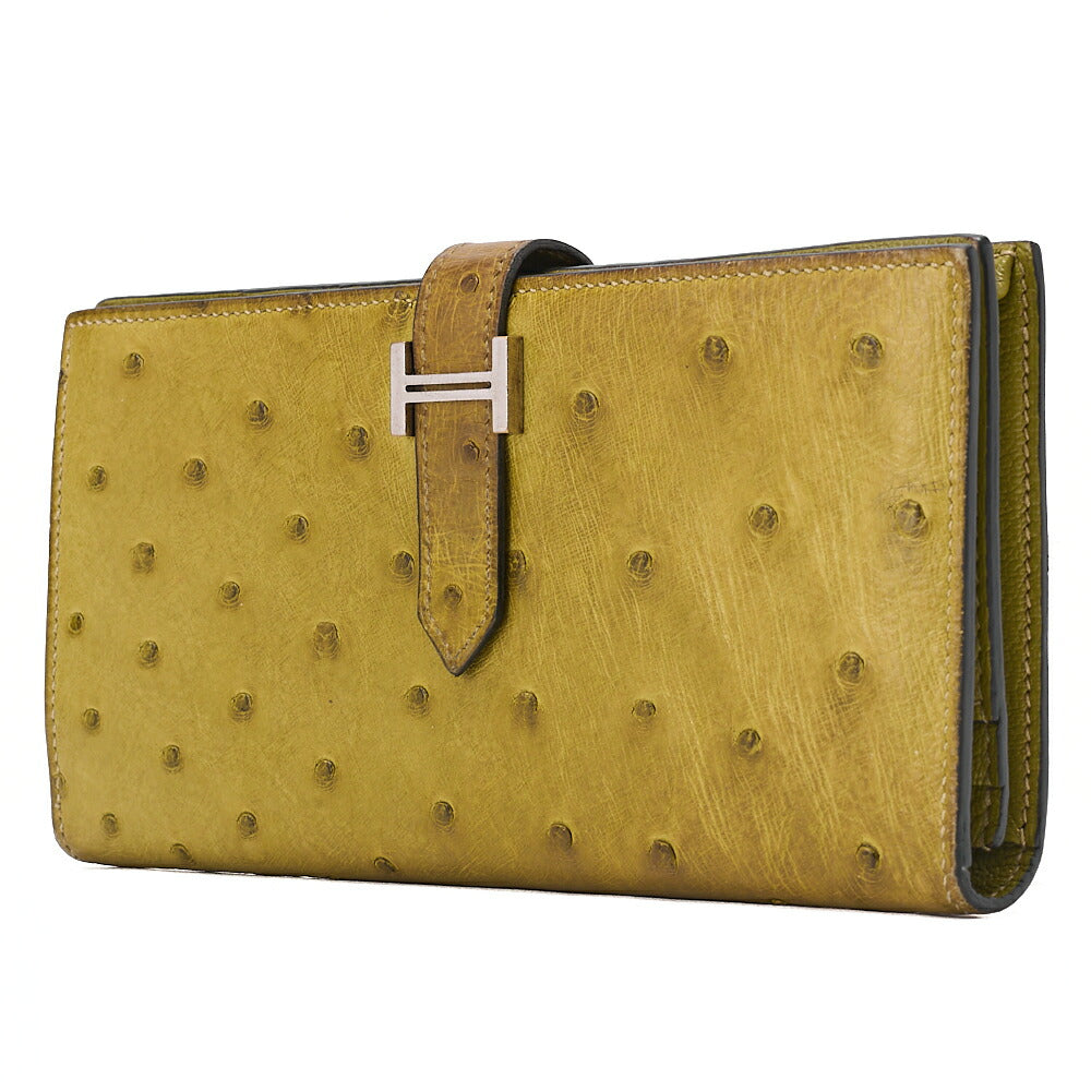 HERMES  Souffre 2-Fold Long Wallet Ostrich Kiwi Silver-Tone Hardware, Pre-Owned
