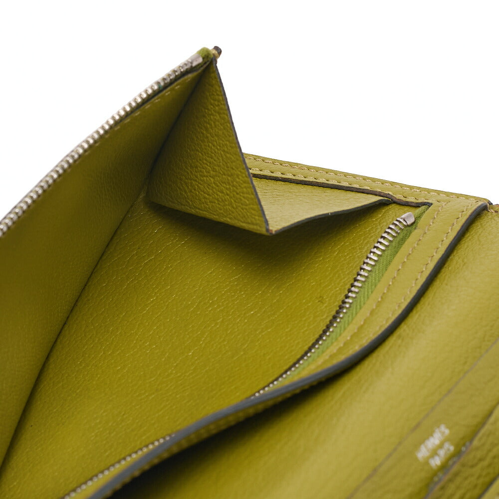 HERMES  Souffre 2-Fold Long Wallet Ostrich Kiwi Silver-Tone Hardware, Pre-Owned