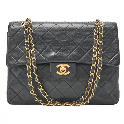 CHANEL Lambskin Matelasse Double Flap 25cm Square Chain Shoulder Black Gold-Tone Hardware, Pre-Owned