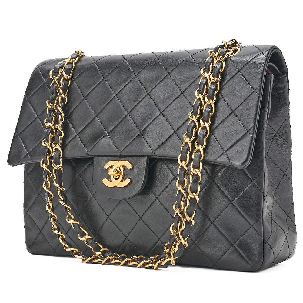 CHANEL Lambskin Matelasse Double Flap 25cm Square Chain Shoulder Black Gold-Tone Hardware, Pre-Owned