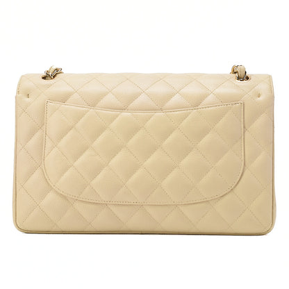 シャネル キャビアスキン デカマトラッセ30cm ダブルフラップ チェーンショルダーバッグ ベージュ ゴールド金具 中古品