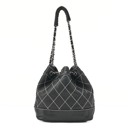 CHANEL Lambskin Wild Stitch Coco Charm Drawstring Chain Shoulder Black Silver-Tone Hardware, Pre-Owned