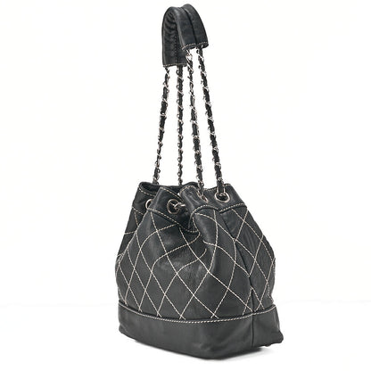 CHANEL Lambskin Wild Stitch Coco Charm Drawstring Chain Shoulder Black Silver-Tone Hardware, Pre-Owned