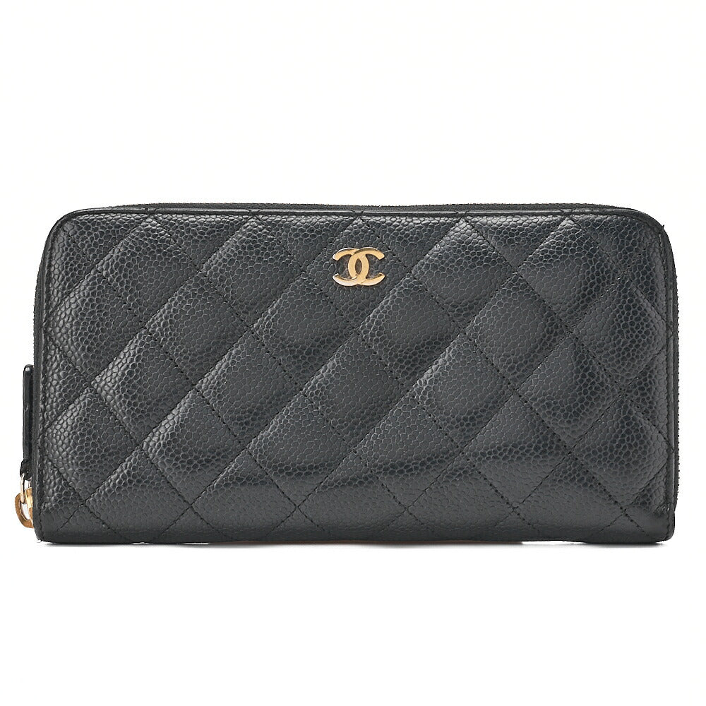 CHANEL Matelasse Round Long Wallet Caviar Skin Black Gold-Tone Hardware, Pre-Owned