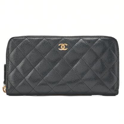 CHANEL Matelasse Round Long Wallet Caviar Skin Black Gold-Tone Hardware, Pre-Owned