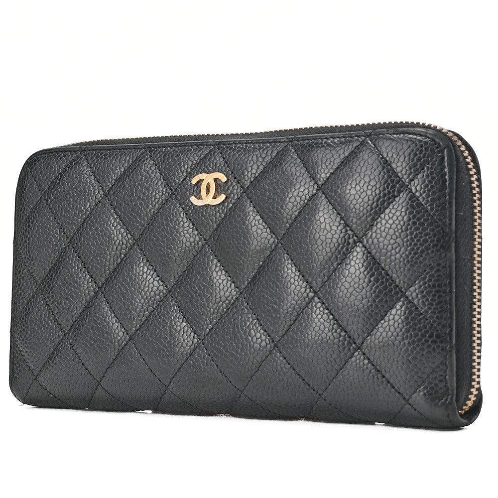 CHANEL Matelasse Round Long Wallet Caviar Skin Black Gold-Tone Hardware, Pre-Owned
