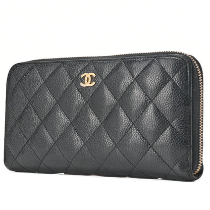 CHANEL Matelasse Round Long Wallet Caviar Skin Black Gold-Tone Hardware, Pre-Owned