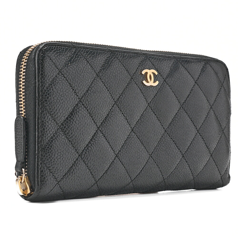 CHANEL Matelasse Round Long Wallet Caviar Skin Black Gold-Tone Hardware, Pre-Owned