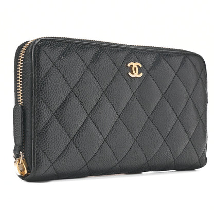 CHANEL Matelasse Round Long Wallet Caviar Skin Black Gold-Tone Hardware, Pre-Owned