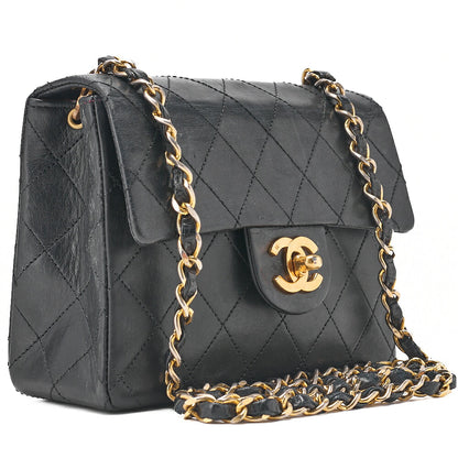 CHANEL Chain Shoulder Bag Mini Matelasse Turnlock Lambskin Black Single Flap Gold-Tone Hardware, Pre-Owned