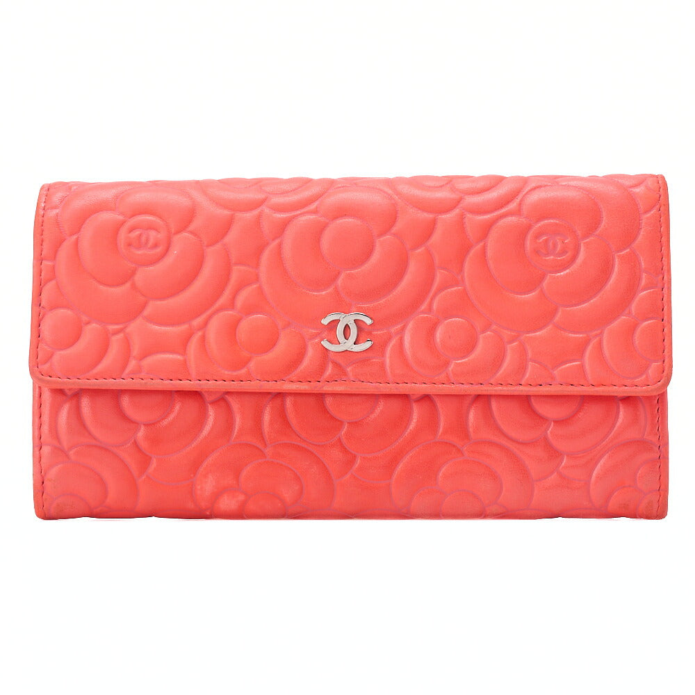 CHANEL Lambskin Camellia Coco Mark Bi-Fold Long Wallet Coral Pink Silver-Tone Hardware, Pre-Owned
