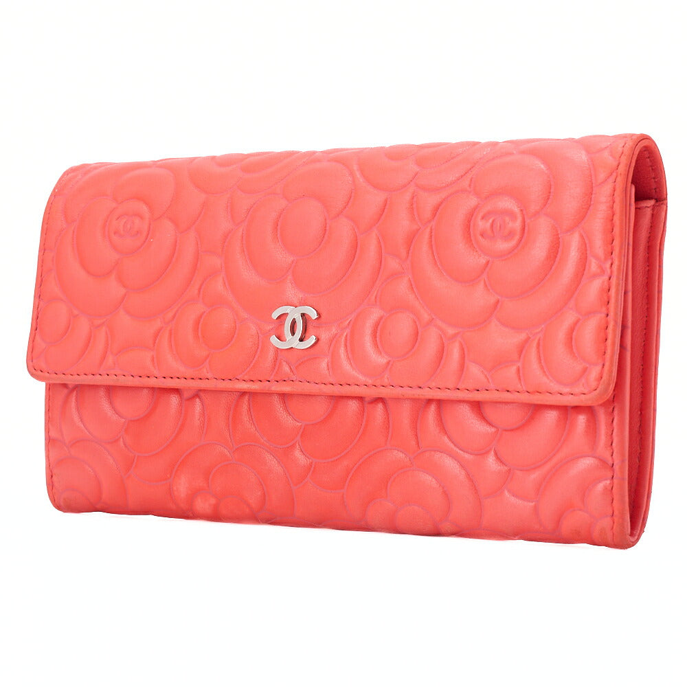 CHANEL Lambskin Camellia Coco Mark Bi-Fold Long Wallet Coral Pink Silver-Tone Hardware, Pre-Owned