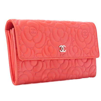 CHANEL Lambskin Camellia Coco Mark Bi-Fold Long Wallet Coral Pink Silver-Tone Hardware, Pre-Owned