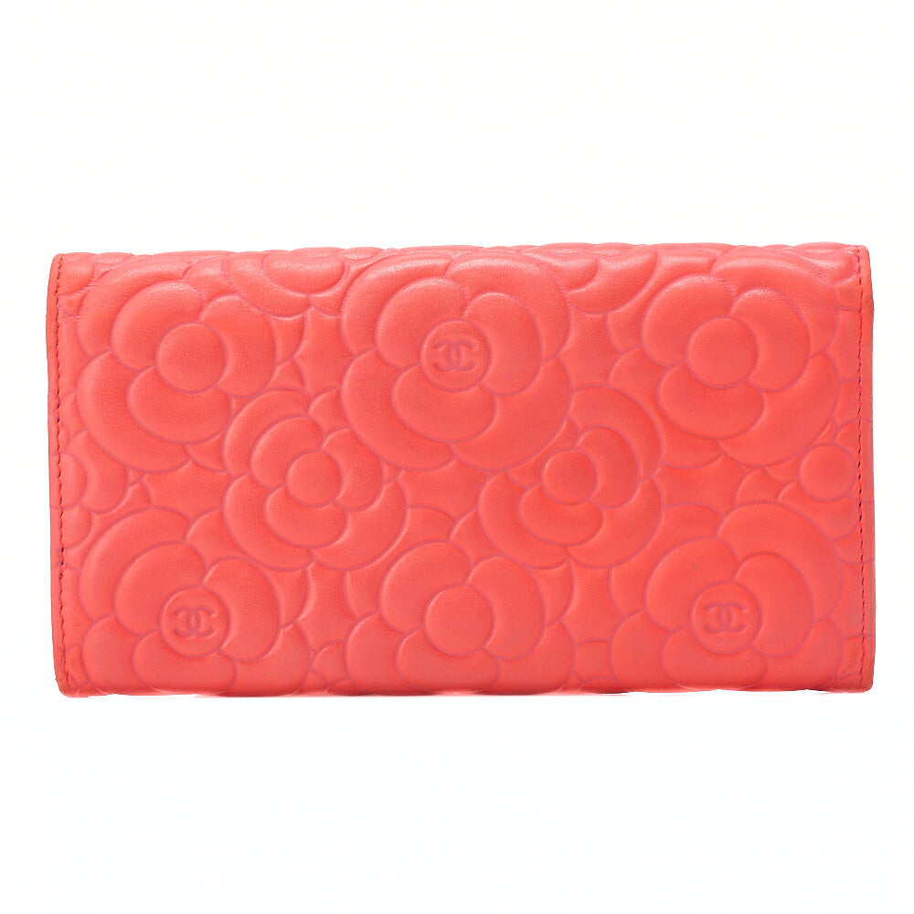 CHANEL Lambskin Camellia Coco Mark Bi-Fold Long Wallet Coral Pink Silver-Tone Hardware, Pre-Owned