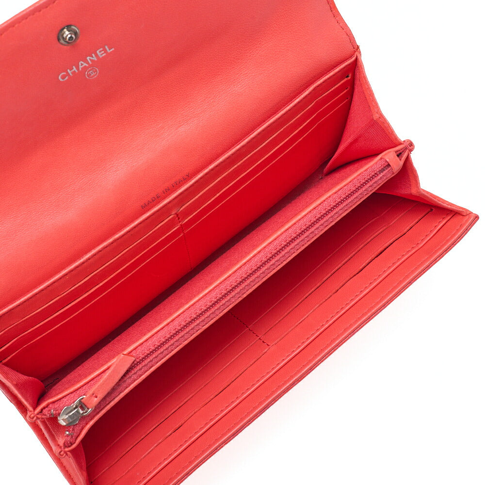 CHANEL Lambskin Camellia Coco Mark Bi-Fold Long Wallet Coral Pink Silver-Tone Hardware, Pre-Owned