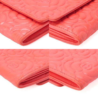 CHANEL Lambskin Camellia Coco Mark Bi-Fold Long Wallet Coral Pink Silver-Tone Hardware, Pre-Owned