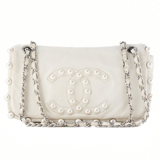CHANEL Chanel Leather Coco Mark Faux Pearl Single Full Flap Chain Shoulder White Silver-Tone Hardware, Pre-Owned