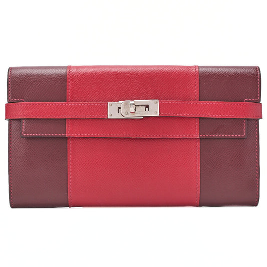 HERMES Kelly Wallet Epson 2-Fold Long Wallet Ethane x Rouge Silver-Tone Hardware, Pre-Owned