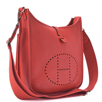 HERMES Evelyn PM 3 Trois Trois Tryon Cl?mence Shoulder Bag Rouge Silver-Tone Hardware, Pre-Owned