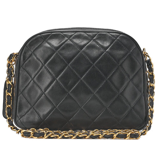 CHANEL Lambskin Matelasse Half Moon Logo Charm Chain Shoulder Black Gold-Tone Hardware, Pre-Owned