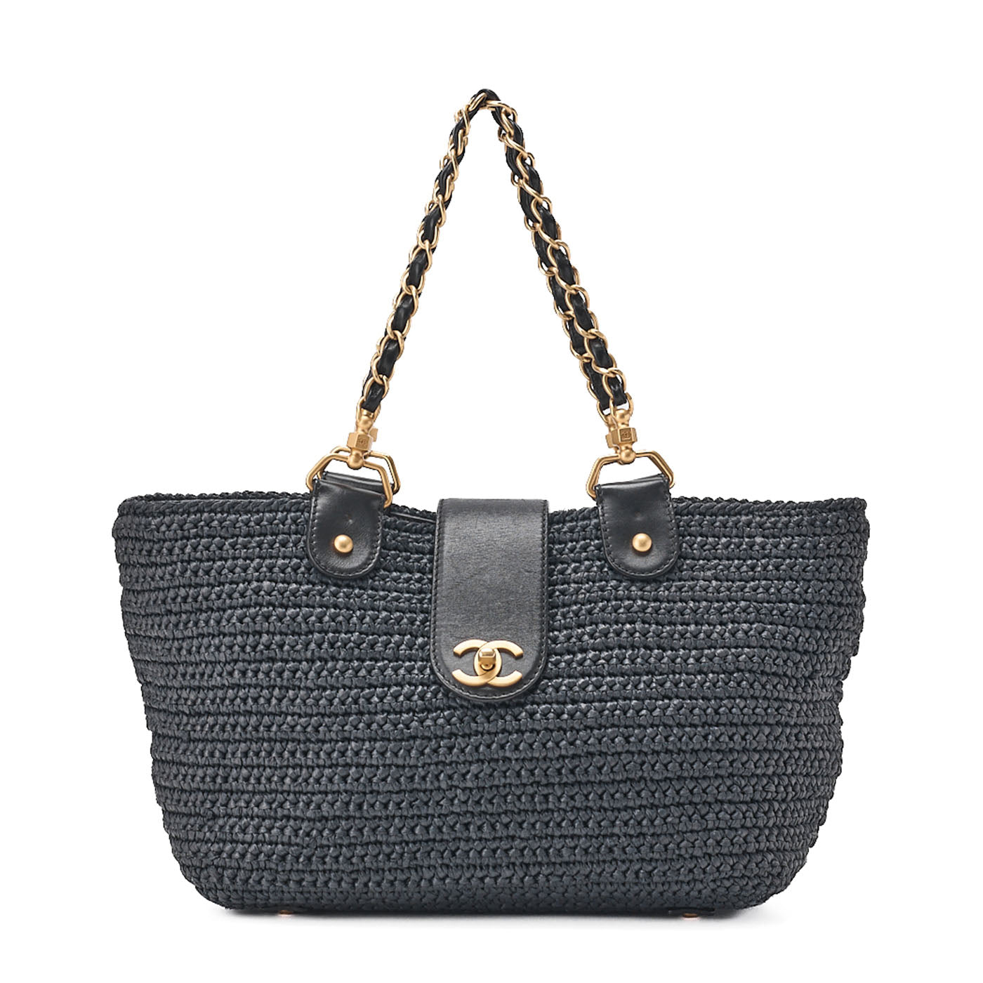 CHANEL Coco Mark Raffia x Leather Chain Tote Bag Turnlock Black Gold-Tone Hardware, Pre-Owned