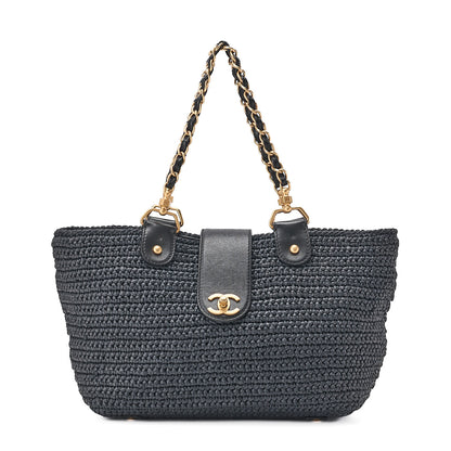 CHANEL Coco Mark Raffia x Leather Chain Tote Bag Turnlock Black Gold-Tone Hardware, Pre-Owned